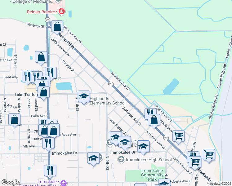 map of restaurants, bars, coffee shops, grocery stores, and more near 615 New Market Road West in Immokalee