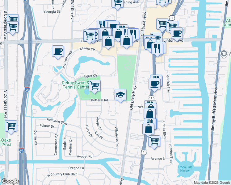 map of restaurants, bars, coffee shops, grocery stores, and more near 516 Osprey Drive in Delray Beach