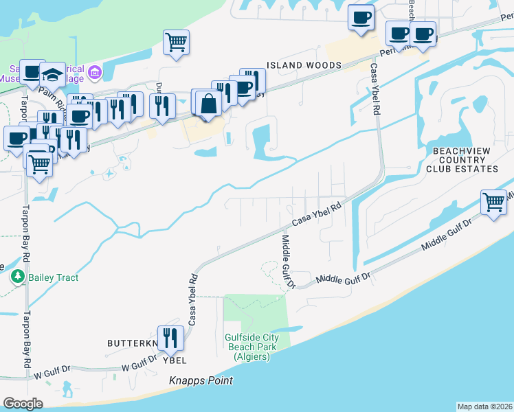 map of restaurants, bars, coffee shops, grocery stores, and more near 490 Elizabeth Road in Sanibel