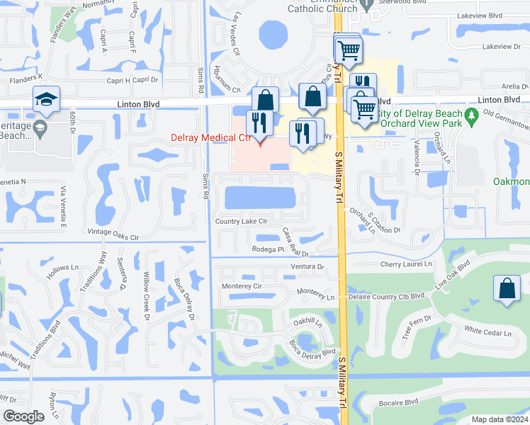 map of restaurants, bars, coffee shops, grocery stores, and more near 5249 Tennis Lane in Delray Beach