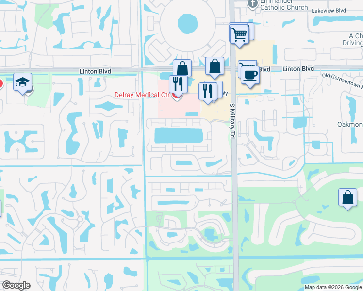 map of restaurants, bars, coffee shops, grocery stores, and more near 5270 Tennis Lane in Delray Beach