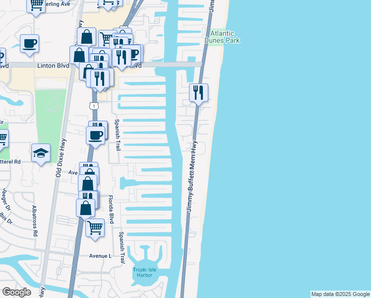 map of restaurants, bars, coffee shops, grocery stores, and more near 2204 South Ocean Boulevard in Delray Beach