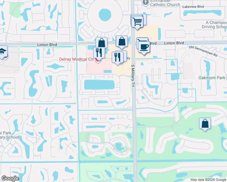 map of restaurants, bars, coffee shops, grocery stores, and more near 5192 Tennis Lane in Delray Beach