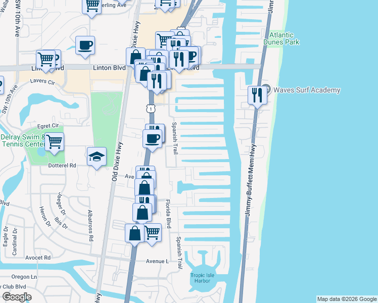 map of restaurants, bars, coffee shops, grocery stores, and more near 930 Cypress Drive in Delray Beach