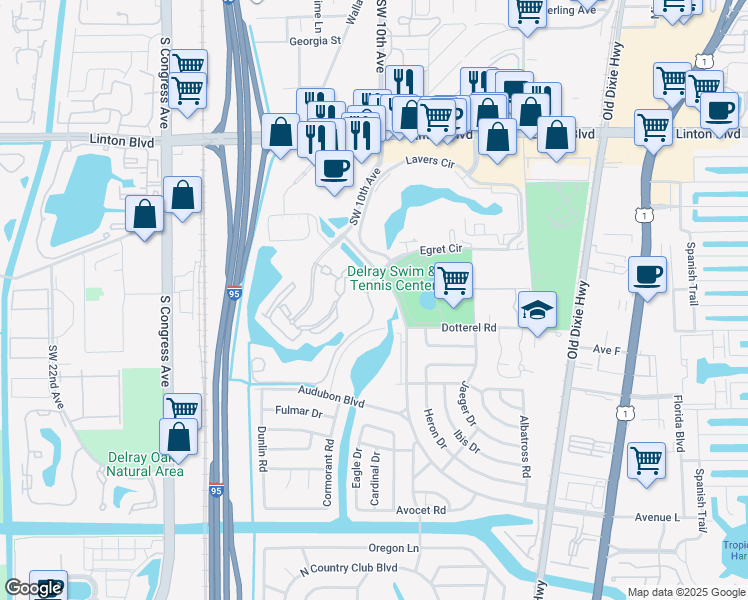 map of restaurants, bars, coffee shops, grocery stores, and more near 1000 Crystal Way in Delray Beach