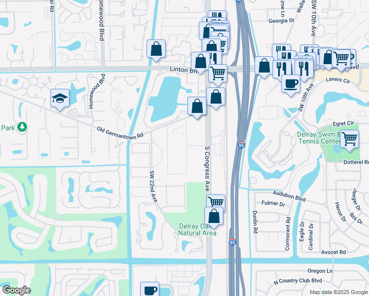 map of restaurants, bars, coffee shops, grocery stores, and more near 2100 South Congress Avenue in Delray Beach