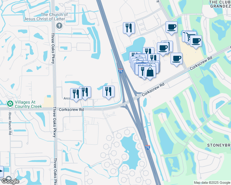 map of restaurants, bars, coffee shops, grocery stores, and more near 10471 Corkscrew Commons Drive in Estero