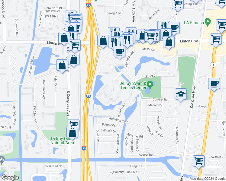 map of restaurants, bars, coffee shops, grocery stores, and more near 2400 Alta Meadows Lane in Delray Beach