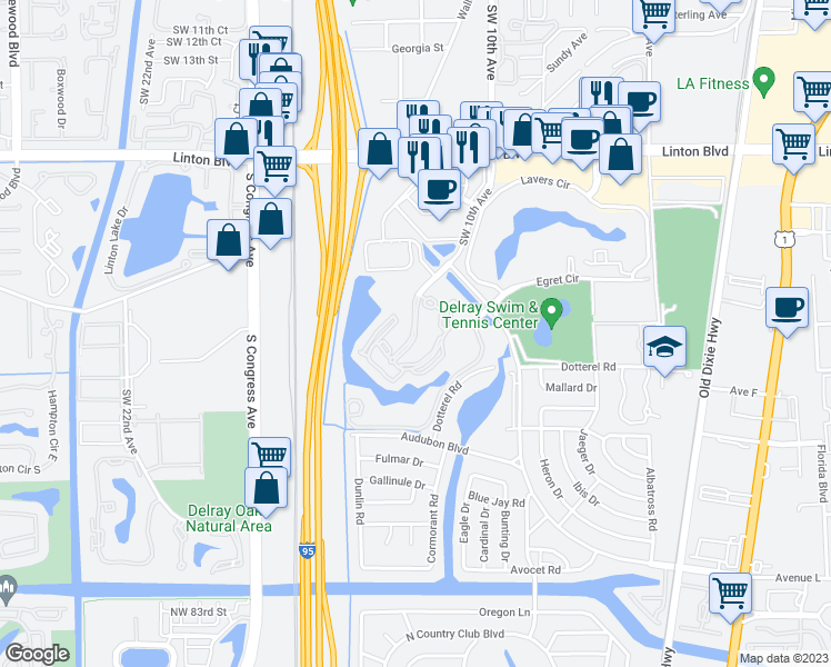 map of restaurants, bars, coffee shops, grocery stores, and more near 2018 Alta Meadows Lane in Delray Beach