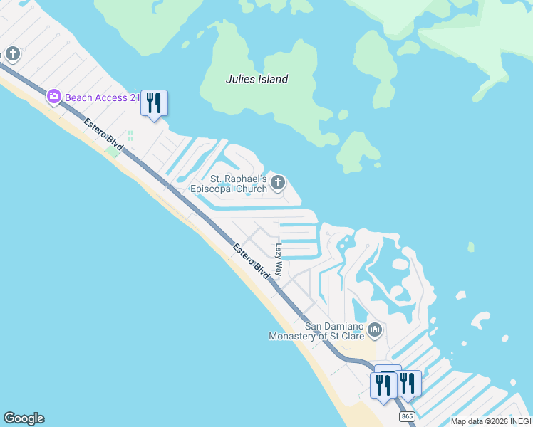 map of restaurants, bars, coffee shops, grocery stores, and more near 5485 Avenida Pescadora in Fort Myers Beach