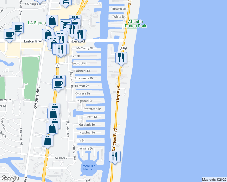 map of restaurants, bars, coffee shops, grocery stores, and more near 2204 South Ocean Boulevard in Delray Beach