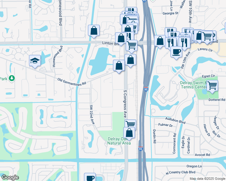 map of restaurants, bars, coffee shops, grocery stores, and more near 2100 S Congress Ave in Delray Beach