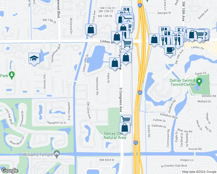 map of restaurants, bars, coffee shops, grocery stores, and more near 2100 S Congress Ave in Delray Beach