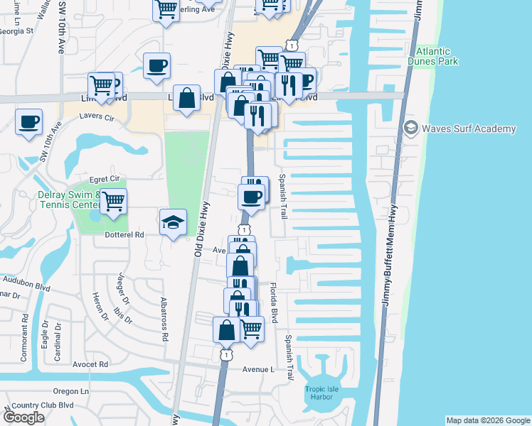 map of restaurants, bars, coffee shops, grocery stores, and more near 2275 South Federal Highway in Delray Beach