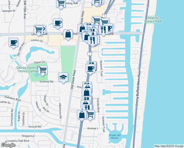 map of restaurants, bars, coffee shops, grocery stores, and more near 2275 South Federal Highway in Delray Beach