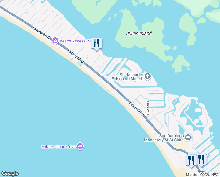 map of restaurants, bars, coffee shops, grocery stores, and more near 5102 Estero Boulevard in Fort Myers Beach