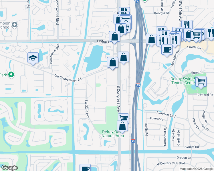 map of restaurants, bars, coffee shops, grocery stores, and more near 2100 S Congress Ave in Delray Beach