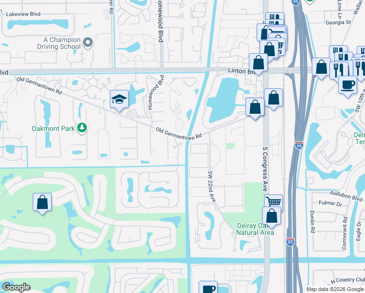 map of restaurants, bars, coffee shops, grocery stores, and more near 2545 Hampton Bridge Road in Delray Beach