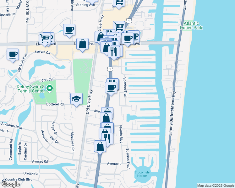 map of restaurants, bars, coffee shops, grocery stores, and more near 2300 Florida Boulevard in Delray Beach