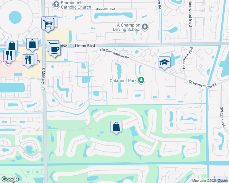 map of restaurants, bars, coffee shops, grocery stores, and more near 16389 Bridlewood Circle in Delray Beach