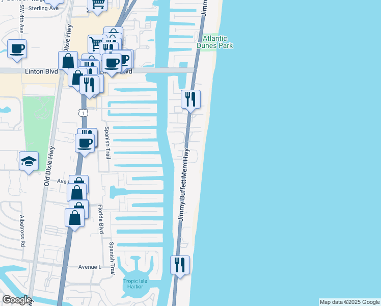 map of restaurants, bars, coffee shops, grocery stores, and more near 2175 South Ocean Boulevard in Delray Beach