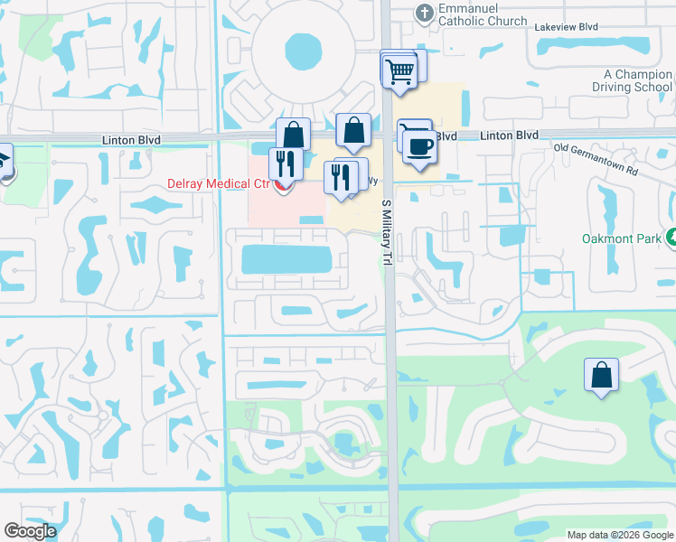 map of restaurants, bars, coffee shops, grocery stores, and more near 16379 Water Way in Delray Beach
