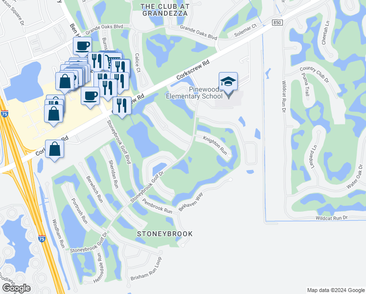 map of restaurants, bars, coffee shops, grocery stores, and more near 11370 Stratham Loop in Estero