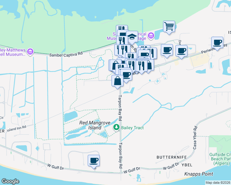 map of restaurants, bars, coffee shops, grocery stores, and more near 4 Island Inn Road in Sanibel