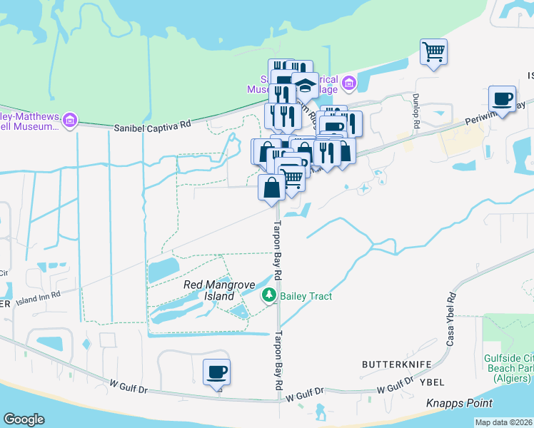 map of restaurants, bars, coffee shops, grocery stores, and more near 4 Island Inn Road in Sanibel