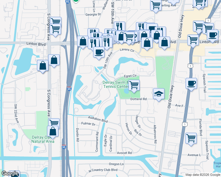 map of restaurants, bars, coffee shops, grocery stores, and more near 1000 Crystal Way in Delray Beach
