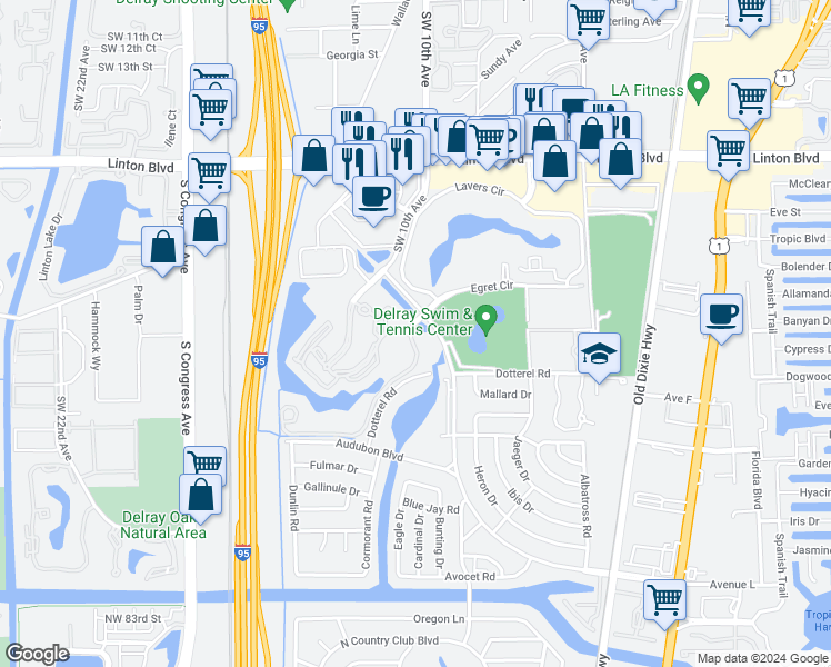 map of restaurants, bars, coffee shops, grocery stores, and more near 1000 Crystal Way in Delray Beach
