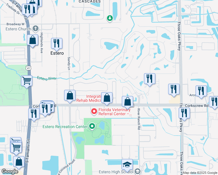 map of restaurants, bars, coffee shops, grocery stores, and more near 9160 Estero River Circle in Estero