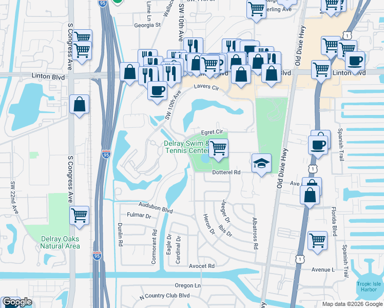 map of restaurants, bars, coffee shops, grocery stores, and more near 2255 Lindell Boulevard in Delray Beach