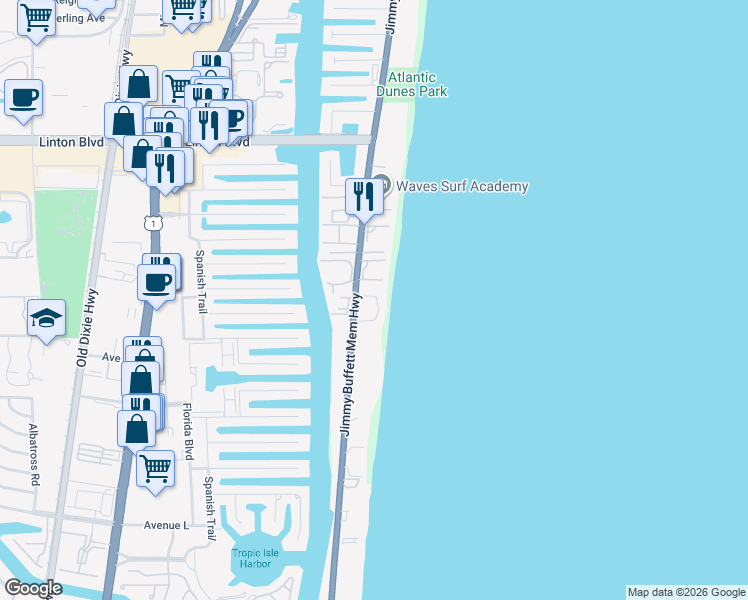 map of restaurants, bars, coffee shops, grocery stores, and more near 2155 South Ocean Boulevard in Delray Beach