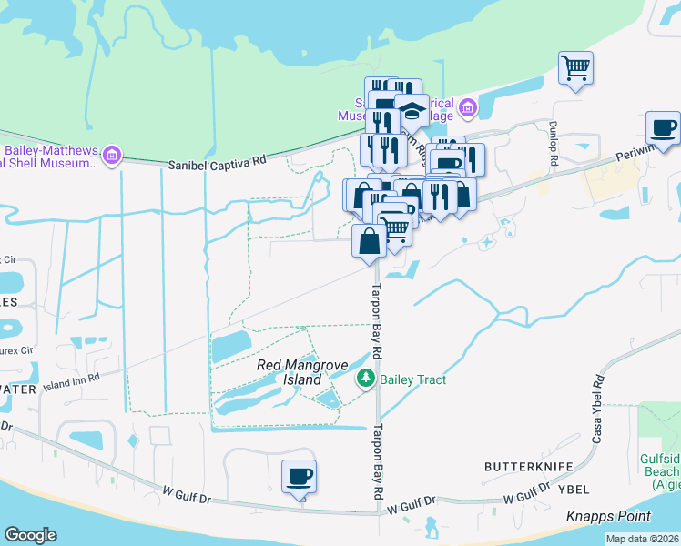 map of restaurants, bars, coffee shops, grocery stores, and more near 4 Island Inn Road in Sanibel