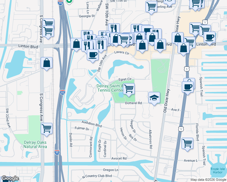 map of restaurants, bars, coffee shops, grocery stores, and more near 2455 Lindell Boulevard in Delray Beach