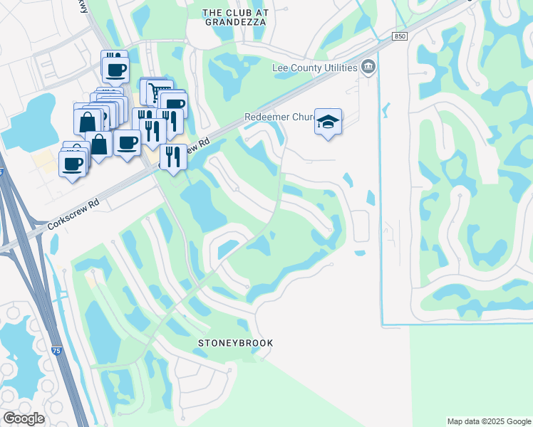 map of restaurants, bars, coffee shops, grocery stores, and more near 21370 Lancaster Run in Estero