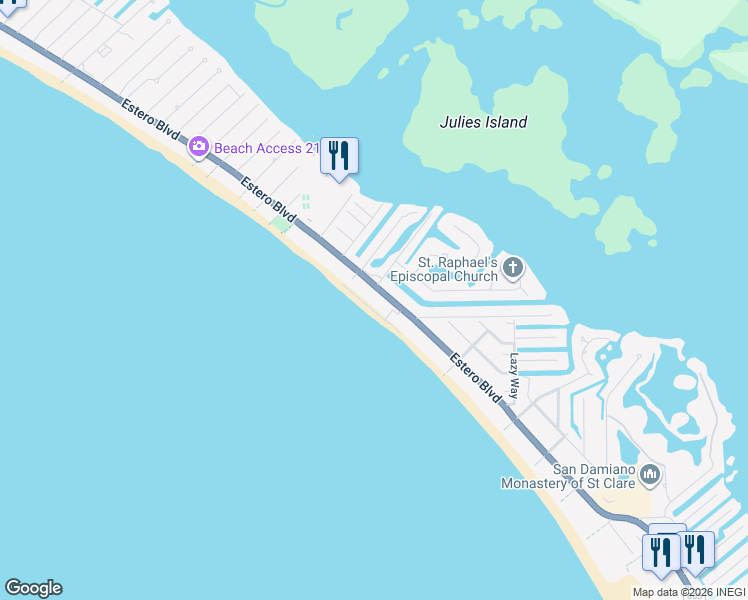 map of restaurants, bars, coffee shops, grocery stores, and more near 5100 Estero Boulevard in Fort Myers Beach