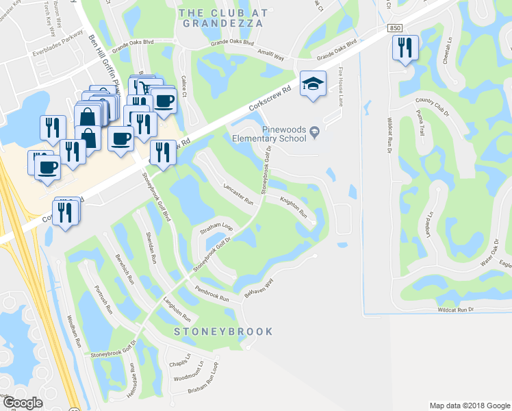 map of restaurants, bars, coffee shops, grocery stores, and more near 23170 Lancaster Run in Estero