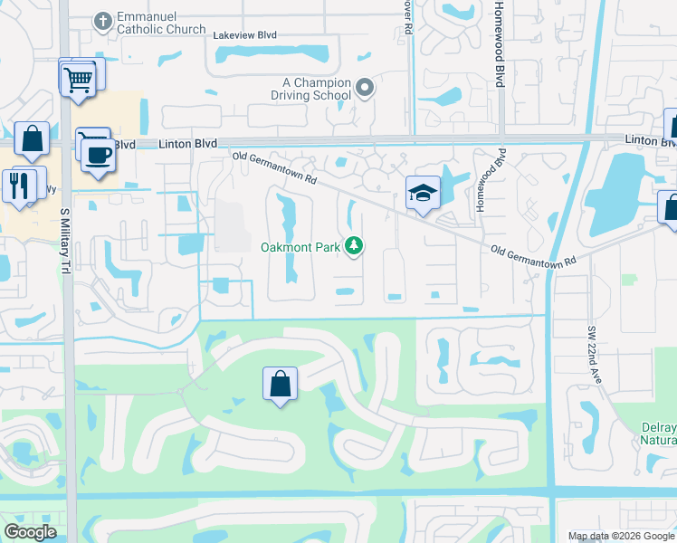 map of restaurants, bars, coffee shops, grocery stores, and more near 3605 Southwest 23rd Street in Delray Beach