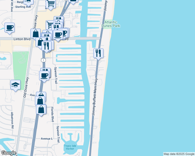 map of restaurants, bars, coffee shops, grocery stores, and more near 2103 South Ocean Boulevard in Delray Beach