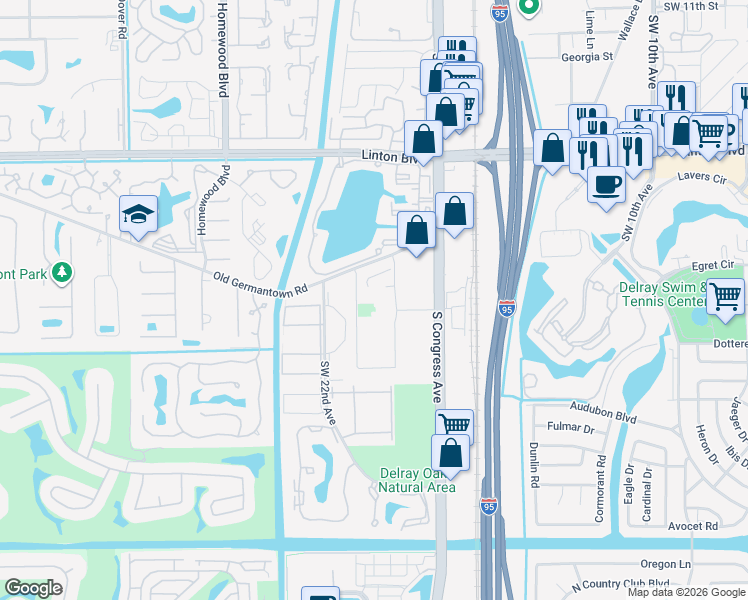 map of restaurants, bars, coffee shops, grocery stores, and more near 2200 Germantown Road in Delray Beach