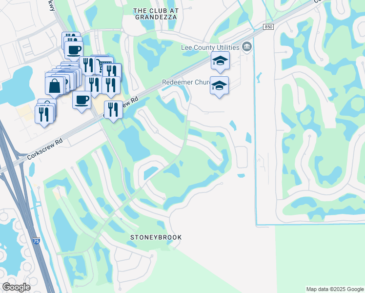 map of restaurants, bars, coffee shops, grocery stores, and more near 21406 Knighton Run in Estero