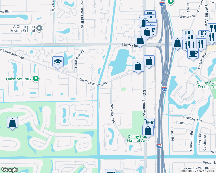 map of restaurants, bars, coffee shops, grocery stores, and more near 2401-2899 Germantown Road in Delray Beach