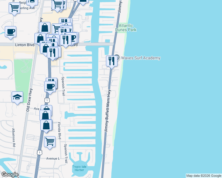 map of restaurants, bars, coffee shops, grocery stores, and more near 2115 South Ocean Boulevard in Delray Beach
