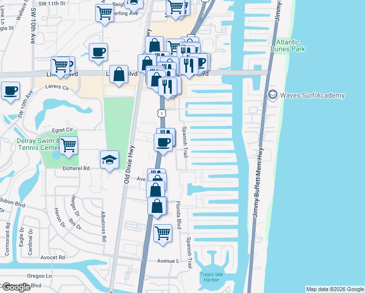 map of restaurants, bars, coffee shops, grocery stores, and more near 2230 Spanish Trail in Delray Beach