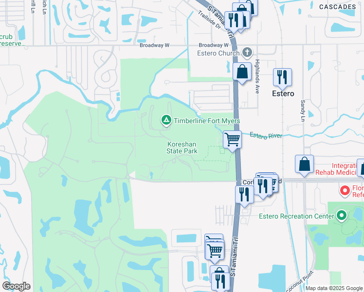 map of restaurants, bars, coffee shops, grocery stores, and more near 3800 Corkscrew Road in Estero