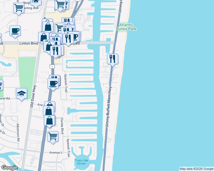 map of restaurants, bars, coffee shops, grocery stores, and more near 2150 Florida A1A in Delray Beach