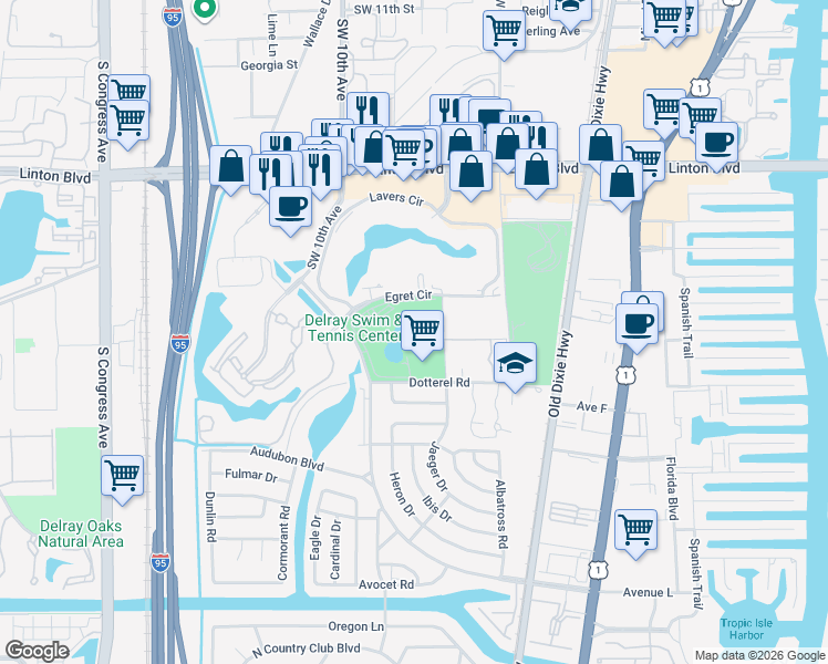 map of restaurants, bars, coffee shops, grocery stores, and more near 750 Egret Circle in Delray Beach
