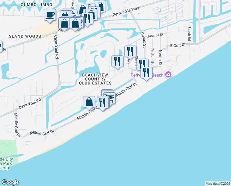 map of restaurants, bars, coffee shops, grocery stores, and more near 1390 Middle Gulf Drive in Sanibel